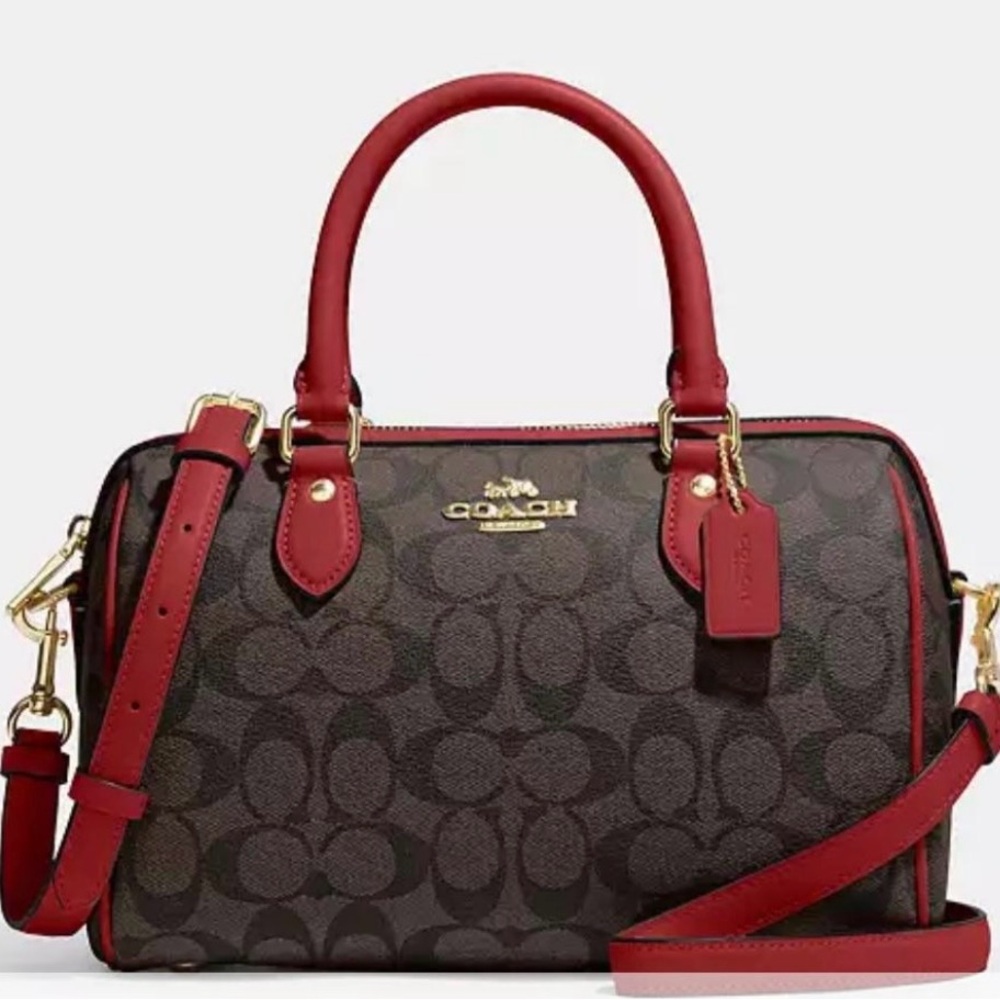 Coach Brown Monogram Satchel with Red Trim and Strap